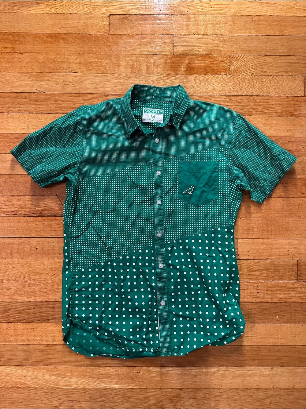 Staple Pigeon Striped Button Down Shirt Green Vintage Cotton Short Sleeve Medium